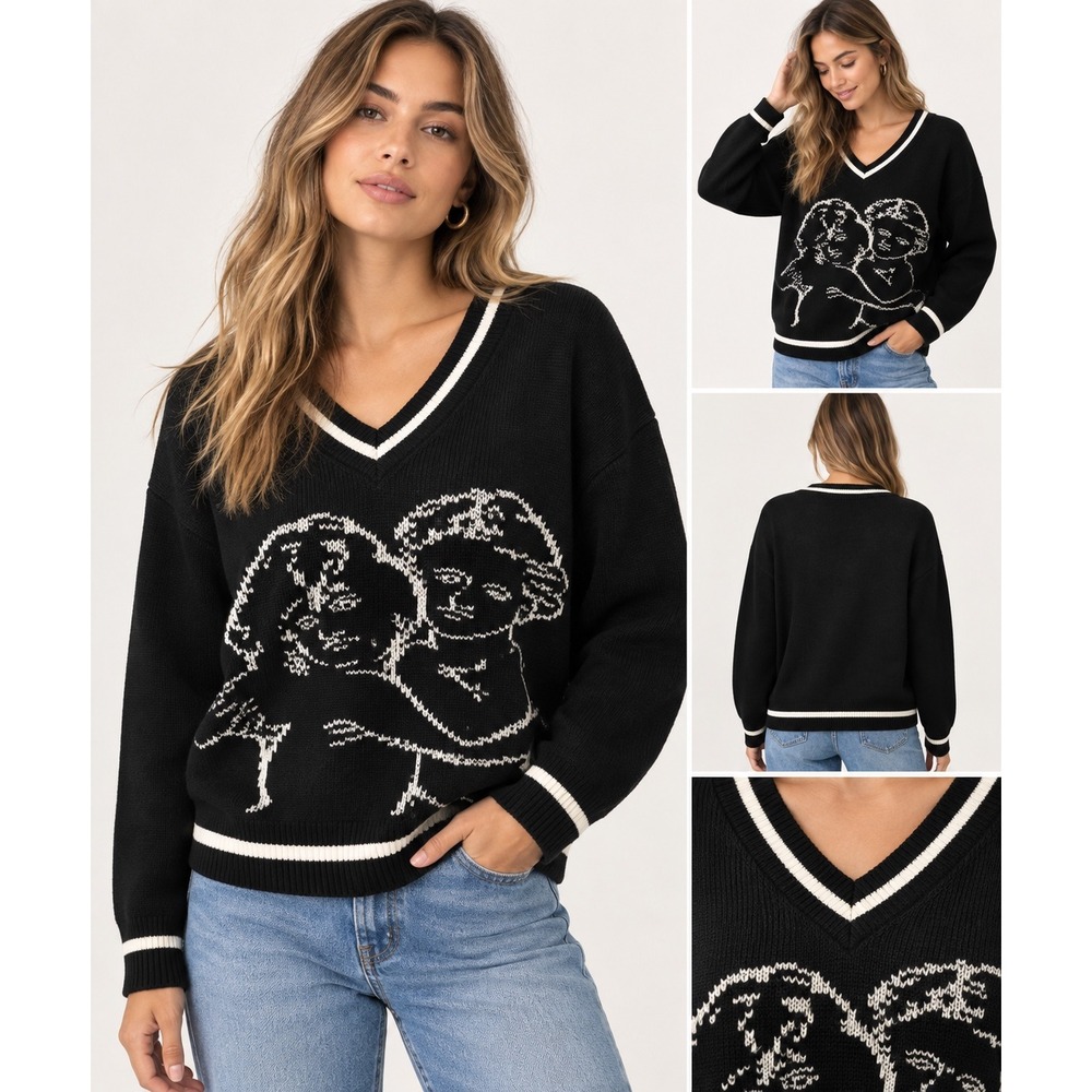 Industry Republic Clothing Black Cherub V-Neck Viscose Blend Sweater Preppy